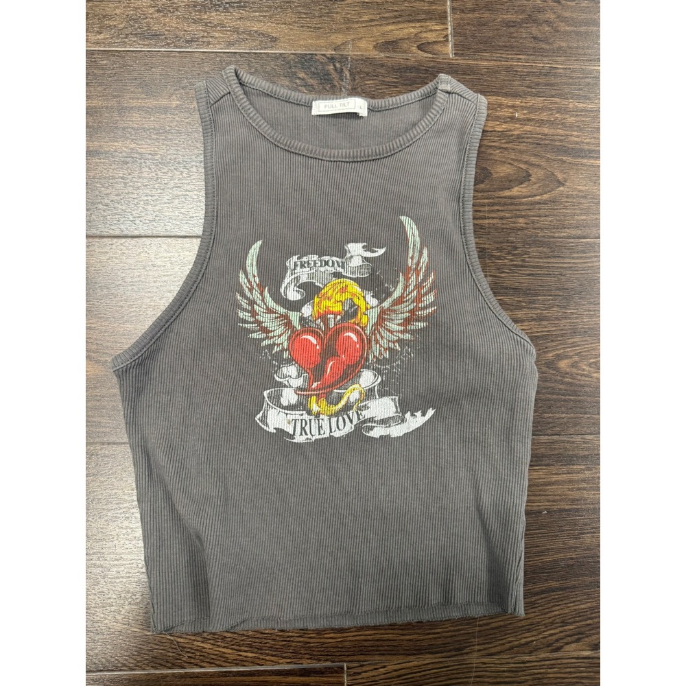 Full Tilt Grey Ribbed Graphic Crop Tank - "True Love" Winged Heart - Size Large